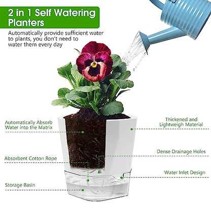 6 Pack Self Watering Plant Pot, 6.6/5 Inch Plastic Self Watering Pots for Indoor Outdoor Plants African Violet Pots Easy Plant Self Watering Pot with Wick Rope for Plants Flowers