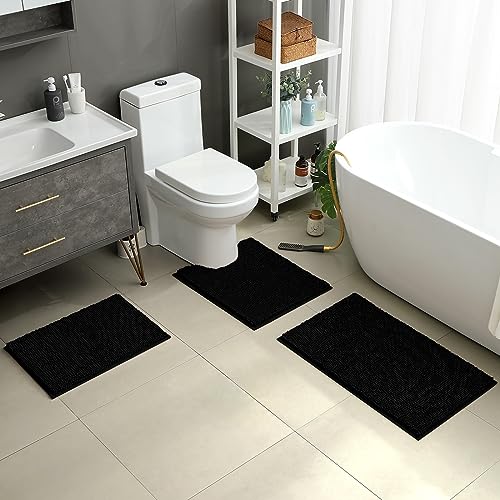 HOMEIDEAS 3 Pieces Bathroom Rugs, Ultra Soft Non Slip Absorbent Chenille Toilet Bath Mat Set (Black) - color: Black-black, size: 17"x24"+20"x32"+U Shape 20"x24"