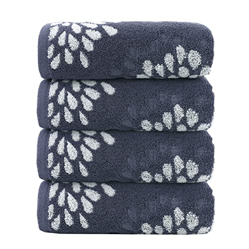 Hand Towels Set of 4 Hydrangea Floral Pattern 100% Cotton Absorbent Soft Decorative Towel for Bathroom (Denim Blue) - color: 4 Denim Blue