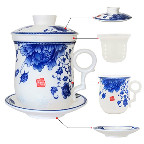 Porcelain Tea Cup with Infuser Lid and Saucer Sets - Chinese Jingdezhen Ceramics Coffee Mug Teacup Loose Leaf Tea Brewing System for Home Office - color: National Beauty Blue and White