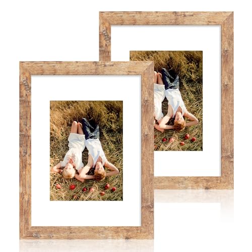iRahmen 9x12 Picture Frame Set of 2, Rustic Brown Wood Frame with Tempered Glass, Display Pictures 6x8 with Mat or 9 x 12 without Mat for Horizontal or Vertical Tabletop and Wall Mounting - color: Rustic Brown, size: 9X12