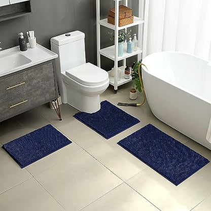HOMEIDEAS 3 Pieces Bathroom Rugs, Ultra Soft Non Slip Absorbent Chenille Toilet Bath Mat Set (Navy Blue) - color: Blue-navy Blue, size: 17"x24"+20"x32"+U Shape 20"x24"