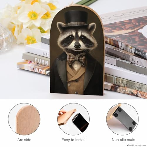 Raccoon in Formal Victorian Attire Wooden Bookends Shelves 2 PCS Sturdy Book Holders Desktop Organizer for Home Office Libraries