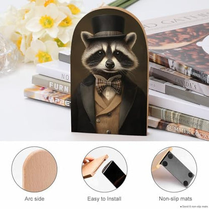 Raccoon in Formal Victorian Attire Wooden Bookends Shelves 2 PCS Sturdy Book Holders Desktop Organizer for Home Office Libraries
