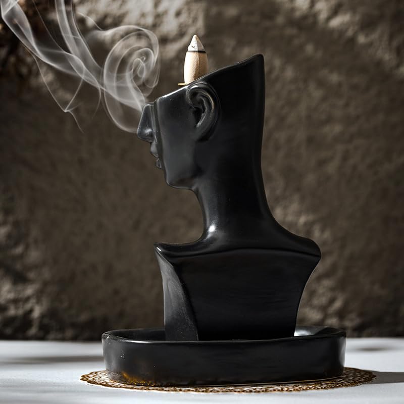 Black Men Face Statue Backflow Incense Holder,Valentine's Day Waterfall Incense Burner Holder for Sticks Cones Home Office Yoga AI0051 - color: Black Men Face Statue