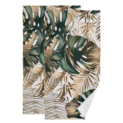 Green Gold Palm Leaves Hand Towels for Bathroom Set of 2 Microfiber Tropical Leaf Botanical Jungle Plant Kitchen Dish Towels Decorative Bathroom Towel for Face Bath Shower Spa Gym 14"x28" - color: Green Gold