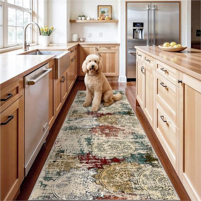 Washable Runner Rug 2x8 Modern: Non-Slip Backing Indoor Carpet Hallway | Abstract Thin Low-Pile Stain Resistant Easy Clean Soft Mandala Mat Kitchen Foyer Office High-Traffic Household Red Green - color: Red/Green/Multi, size: 2' x 8' (Rectangular)
