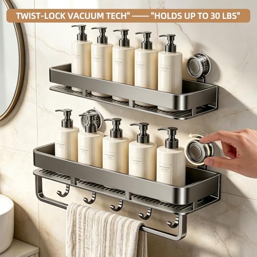 Suction Cup Shower Caddy,No Drilling, Rectangular, Grey,2-Pack | Shelf for Inside Shower, Heavy Duty Carbon Steel, Towel Bar & Hooks, Rust-Resistant, Bathroom Organizer Storage Rack - color: Grey,2-Pack