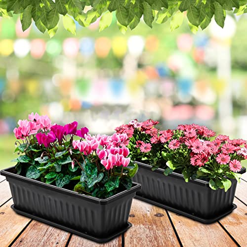 Fasmov 7 Pack 17 Inches Flower Window Box Plastic Vegetable Planters with Trays Vegetables Growing Container Garden Flower Plant Pot with 7 Pcs Plant Labels for Balcony, Patio, Garden, Black - color: 7pack,black