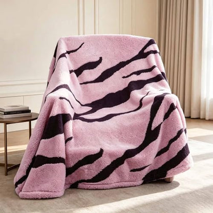 Zebra Printed Fleece Throw Blanket-Cozy Soft Lightweight Fuzzy Throw Blanket for Sofa, Couch, Bed & Chair,Black and Pink, 50" x 70" - color: Black and Pink