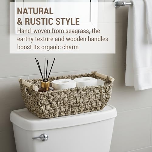 MyGift Hand-Woven Seagrass Bathroom Hand Towel Holder Basket with Wooden Handle, Rustic Countertop Storage Organizer for Towels & Toiletries