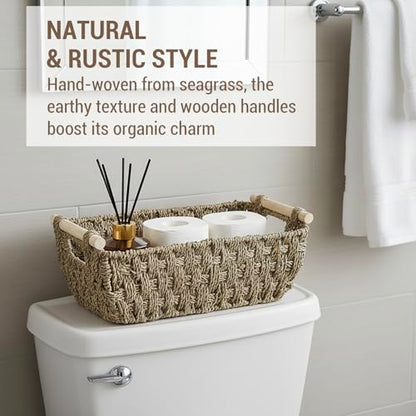 MyGift Hand-Woven Seagrass Bathroom Hand Towel Holder Basket with Wooden Handle, Rustic Countertop Storage Organizer for Towels & Toiletries
