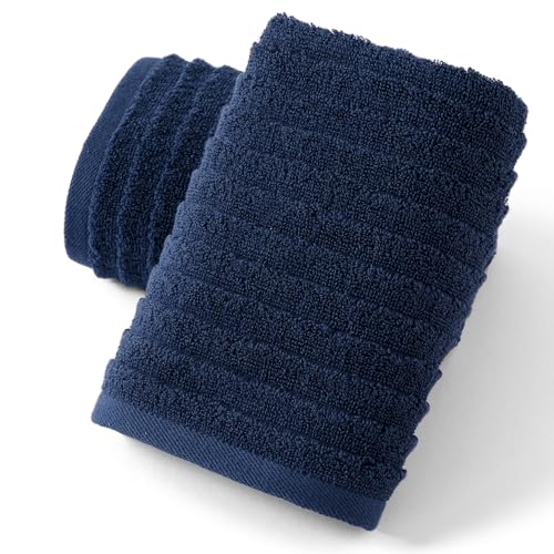 sense gnosis Navy Hand Towel Set of 2 Soft Stereoscopic Ladder Striped Design 100% Cotton Absorbent Luxury Decorative Towel for Bathroom 13 x 29 Inch - color: Navy