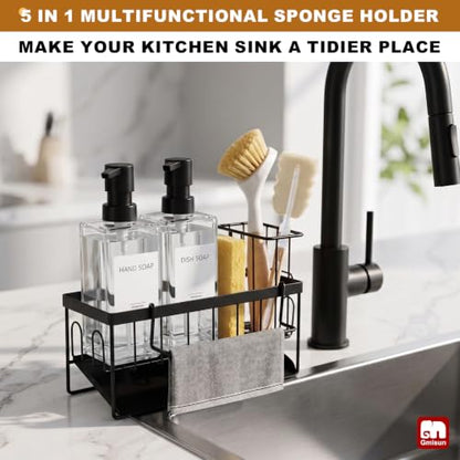 GMISUN Kitchen Soap Dispenser Set, 12 fl oz / 350 ml Dish Soap Dispensers with Sponge Holder, Customized Clear Glass Dish soap Dispenser for Kitchen, Modern Soap Dispensers Set Removable - color: Clear Bottle + Black Rack