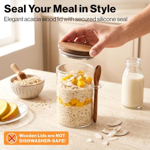 Overnight Oats Containers with Lids - Glass Mason Jars, Meal Prep | Acacia Wood, Airtight Silicone Seal Set of 4 - Includes Spoons, 40 Labels for Chia Pudding, Yogurt, Cereal, Oatmeal - color: 4 pack - Acacia Lid