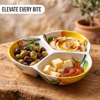 3-Compartment Ceramic Serving Dish, Handmade in Spain | 7.5” divided chip and dip bowl with lead-free glaze, microwave, oven and dishwasher safe, ideal for tapas, snacks and sauces - color: Sunny Lemon