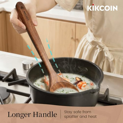 Kikcoin 7 PCS Durable Natural Teak Wooden Cooking Utensils Set, Non Toxic Wooden Spoons for Cooking, Wooden Utensil Set for Cooking with Comfort Grip, Nonstick & Easy to Clean Wood Kitchen Utensil Set - size: 7-Piece Set