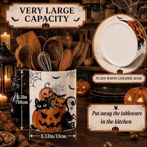 Halloween Utensil Holder, Spooky Ceramic Kitchen Utensil Holder, Utensil Crock for Home Kitchen Countertop Storage Organizer Container, Large Holder for Spatulas, Spoons, Kitchen Counter Decor, 6"