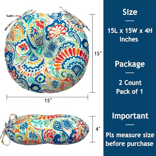 Magpie Fabrics 15" Round Bistro Seat Cushions with Ties, Set of 2, Waterproof All Weather Tufted 4" Thick Patio Chair Pads for Home Garden Dining Metal Stool - Paisley Multi - color: A Paisley Multi