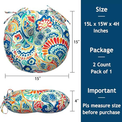 Magpie Fabrics 15" Round Bistro Seat Cushions with Ties, Set of 2, Waterproof All Weather Tufted 4" Thick Patio Chair Pads for Home Garden Dining Metal Stool - Paisley Multi - color: A Paisley Multi