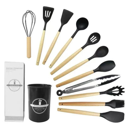 Silicone Cooking Utensils Kitchen Utensil Set - 446°F Heat Resistant Silicone Kitchen Utensils Set, Spatula,Turner Tongs, Spoon, Brush, Whisk,Kitchen Gadgets for Nonstick Cookware, BPA Free (Black) - color: Black