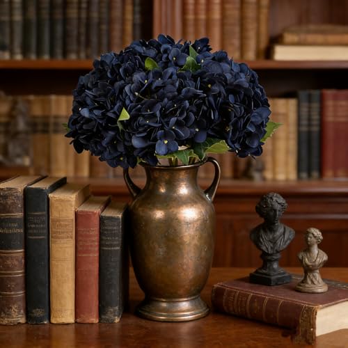 Kimura's Cabin 6pcs Navy Blue Hydrangea Artificial Flowers Silk Hydrangeas | Fake Hydrangeas with Stems Faux Flower,wedding Bouquet Arrangement Halloween Home Party Table Centerpieces Decor Vase Filler - color: Navy Blue