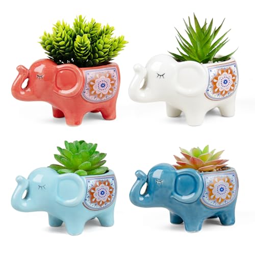 5.31 Inch Elephant Planter Cartoon Succulent Pots with Drainage Set of 4 | Animal Planter Cute Plant Pots Succulent Planter Container Ceramic Flower Pots Perfect for Home Decor and Gifts - color: Elephant 4pcs