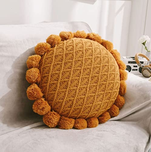 IXITON Round Creative Knitting Pompoms Pillow Sunflower Pillow Decorative Cushion Throw Pillow with Insert Plush Pillow for Couch Sofa Bed, 20 Inch (Brown) - color: Brown