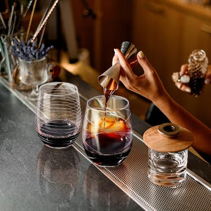 Joeyan Hand Blown Etched Stemless Wine Glasses with Dots Strips Pattern for Red Wine,Large Carved Drinking Glass Cups Tumblers for Wedding Anniversary Party Home,Set of 4,17.5 oz - color: Etched Dots Swirls Strips Patterned