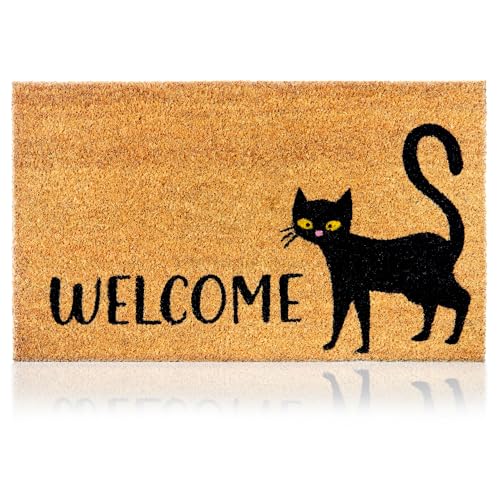 Coir Welcome Mat, Non-Slip, Black Cat, 17 x 29 in | 100% Natural Coir, Anti-Shedding, Durable PVC Backing, Traps Dirt and Mud, Indoor and Outdoor Entryway, Easy to Clean - color: Black Cat, size: 17x29