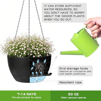 DANALLAN Hanging Planters for Indoor Plants, 2Pcs 12 Inch Self Watering Hanging Planter Basket Large Plastic Plant Holder with Removable 50 Oz Reservoir for Window Porch Garden Balcony