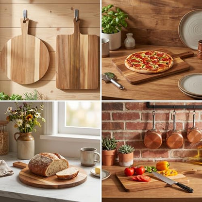 2 Pcs Wooden Cutting Boards with Handle Round and Rectangular Acacia Decorative Cutting Board Set for Kitchen Charcuterie Cheese Meat Bread Pizza Serving