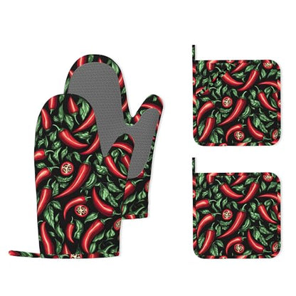 Red Chili Peppers Silicone Oven Mitts and Pot Holders,Heat-Resistant 4 Piece Kitchen Set Non-Slip Oven Gloves and Hot Pads for Cooking, Baking, Grilling,BBQ - color: Red Chili Peppers