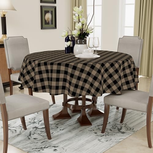 Round Waterproof Vinyl Table Cloth, Buffalo Flannel Backed Tablecloth, Wipeable Plastic Table Cover for Dinner, Kitchen, Picnic (60", Black and Khaki) - color: Black and Khaki, size: 60" (Round)
