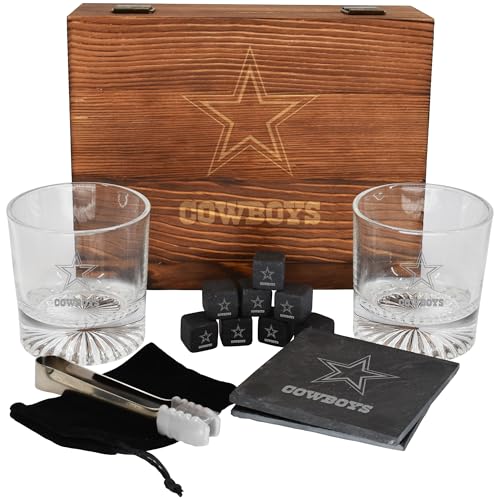 The Memory Company Licensed NFL Wood Boxed Drinkware Gift Set - Includes 2 Premium Rock Glasses, Cooling Cubes, Tongs, and Coasters, Dallas Cowboys - color: Dallas Cowboys