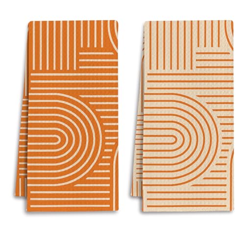 Abstract Boho Orange Kitchen Towels, Minimalist Contemporary Dish Tea Towels for Kitchen Decor, Mid Century Modern Orange Decorative Hand Towel for Bathroom, 16x24 Inches Set of 2 - color: Orange