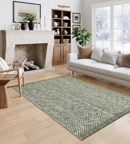 Washable Outdoor Area Rug 4x6 Hand-Woven Cotton Living Room Rug | Sage Green Braided Bedroom Rug, Farmhouse Indoor Floor Carpet for Patio, Nursery, Office, Playroom, Dining Room - color: Sage Green/Cream, size: 4' x 6' (Rectangular)