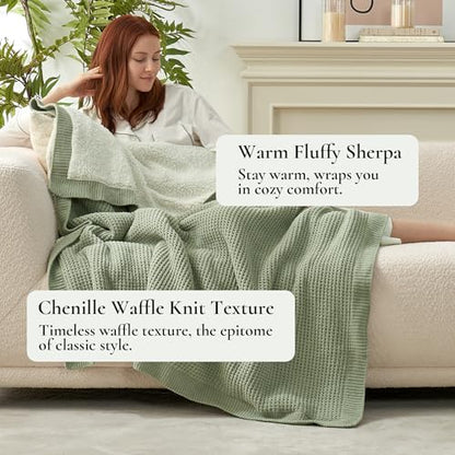Reversible Waffle Weave Throw Blanket, Chenille Knit with Warm Sherpa, Soft Cozy Blanket for Couch, 50"x60", Sage Green - color: Waffle-sage Green