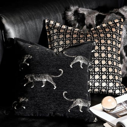 Throw Pillow Cover 20x20, Double Sided Cheetah Chenille Jacquard Embroidered Pillow Covers, Luxury Modern Style Accent Pillowcase for Bed Couch Sofa Living Room Bedroom - color: Black Leopard 1, size: 20" x 20" (Pack of 1)