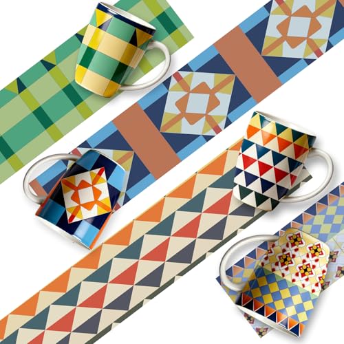 Bohemian Ceramic Coffee Mugs Set of 4, 15oz/450ml Geometric Pattern Tea Cups, Large Porcelain Mugs for Latte Cappuccino, Colorful Boho Drinkware Gift Set