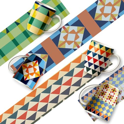 Bohemian Ceramic Coffee Mugs Set of 4, 15oz/450ml Geometric Pattern Tea Cups, Large Porcelain Mugs for Latte Cappuccino, Colorful Boho Drinkware Gift Set