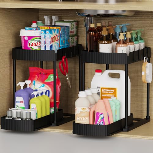 2 Packs Under Sink Pull-Out Storage Organizers, 12.8 Inches, Black | Multi-Purpose Cabinet Organizers and Storage for Bathroom & Kitchen - color: Black, size: 12.8 Inch