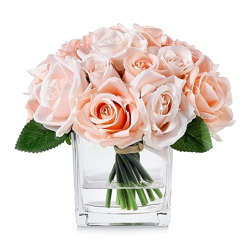 18 Heads Silk Rose Flowers in Vase, Artificial Floral Arrangement in Vase with Fake Water for Home Decor (Pink) - color: Pink