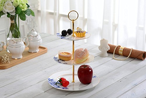 Gold Trimmed Blue Floral 3 Tier Cake Stand, Dessert Stand, Cupcake Stand