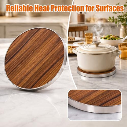 7 Inch Round Trivet Acacia Wood and Stainless Steel Frame | Heat-Resistant, Multi-Purpose Hot Pad, For Pots Pans and Dishes, Elegant Table Protector, Durable and Stylish