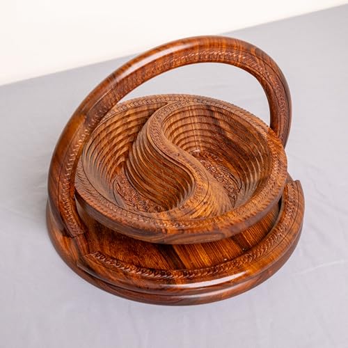 Handmade 12″ Collapsible Wooden Basket, 2-Compartment Yin-Yang Design in Himalayan Rosewood, Fruit Basket, Bread Bowl & Trivet, Folds Flat for Easy Storage – Unique Centerpiece & Gift