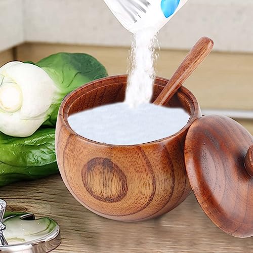 Wooden Salt Box with Lid & Spoon, Seasoning Pot Sugar Bowl Wood Salt & Spice Jar Box Salt Keeper, Pepper, Tea Container for Kitchen Countertop Restaurant