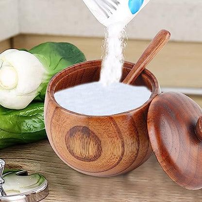 Wooden Salt Box with Lid & Spoon, Seasoning Pot Sugar Bowl Wood Salt & Spice Jar Box Salt Keeper, Pepper, Tea Container for Kitchen Countertop Restaurant