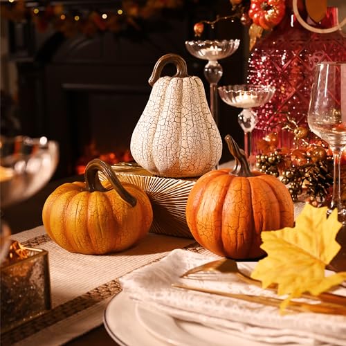 Valery Madelyn Fall Pumpkin Table Decor Cracked Pumpkin Figurine Fall Decoration for Home, 3pcs Resin Autumn Harvest Thanksgiving Halloween Party Tabletop Centerpieces, 6.7 inch - size: Large