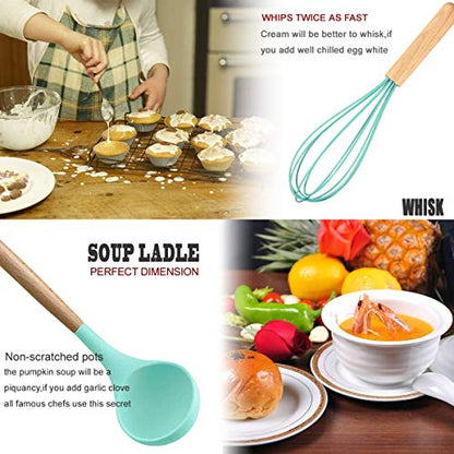 Kitchen Cooking Utensils Set, 27 pcs Non-stick Silicone Cooking Kitchen Utensils Spatula Set with Holder, Wooden Handle Heat Resistant Silicone Kitchen Gadgets Utensil Set